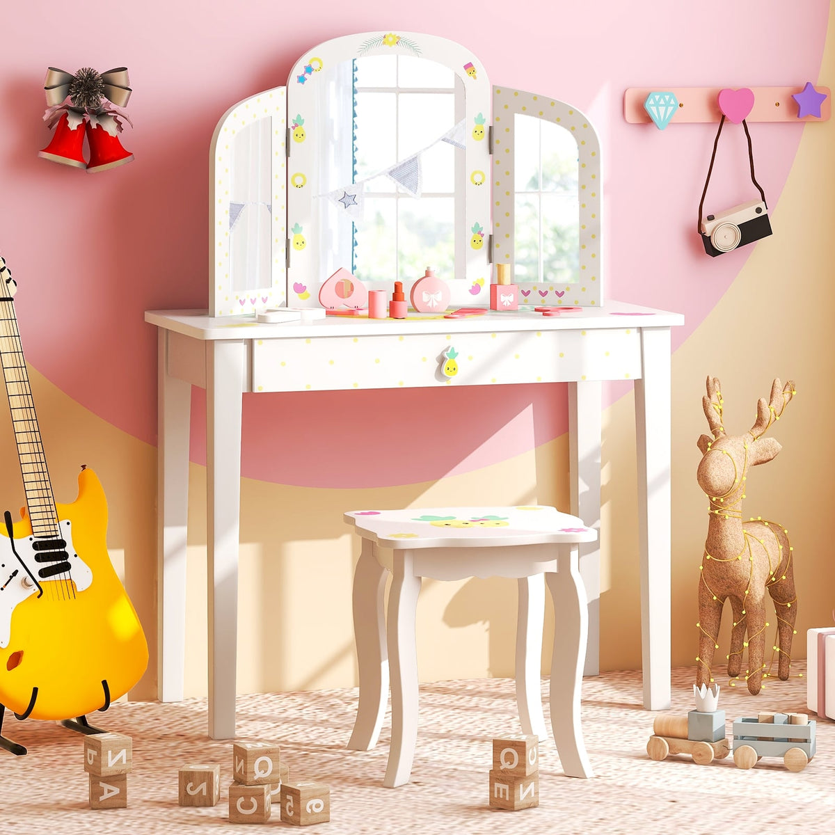 Kids Vanity Table Set with Tri-Folding Mirror and Large Drawer-White-Kids Vanities-DECOROLALA