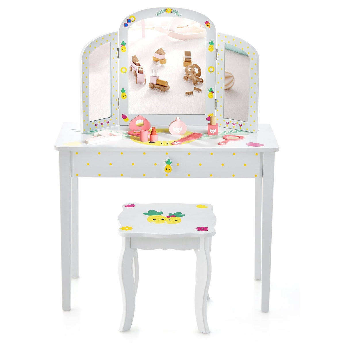 Kids Vanity Table Set with Tri-Folding Mirror and Large Drawer-White-Kids Vanities-DECOROLALA