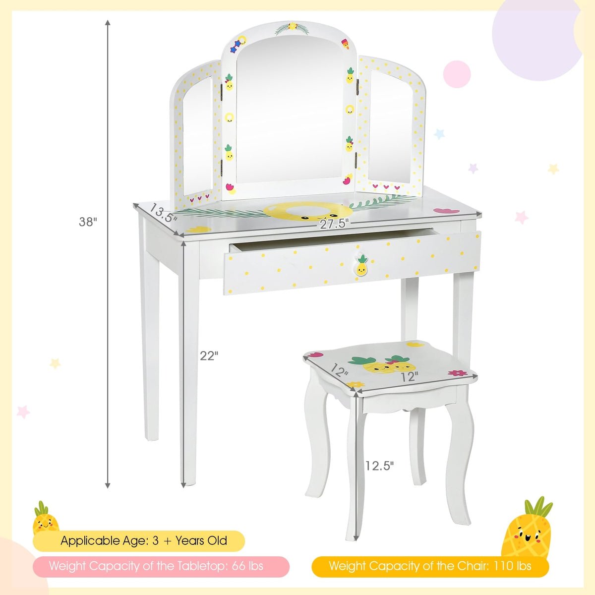 Kids Vanity Table Set with Tri-Folding Mirror and Large Drawer-White-Kids Vanities-DECOROLALA
