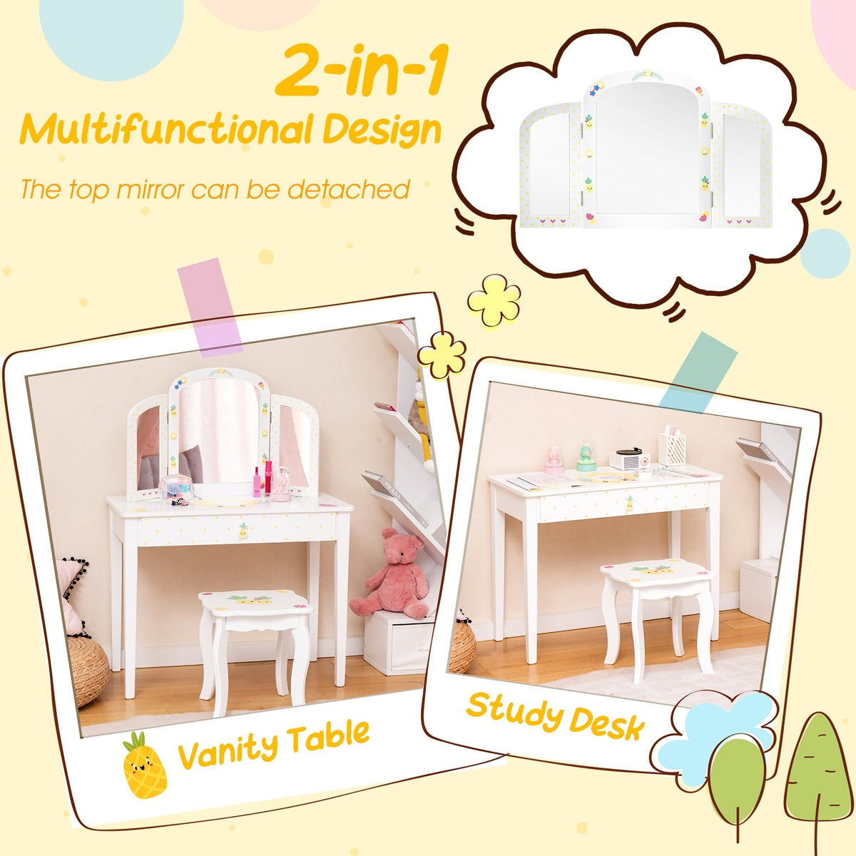 Kids Vanity Table Set with Tri-Folding Mirror and Large Drawer-White-Kids Vanities-DECOROLALA