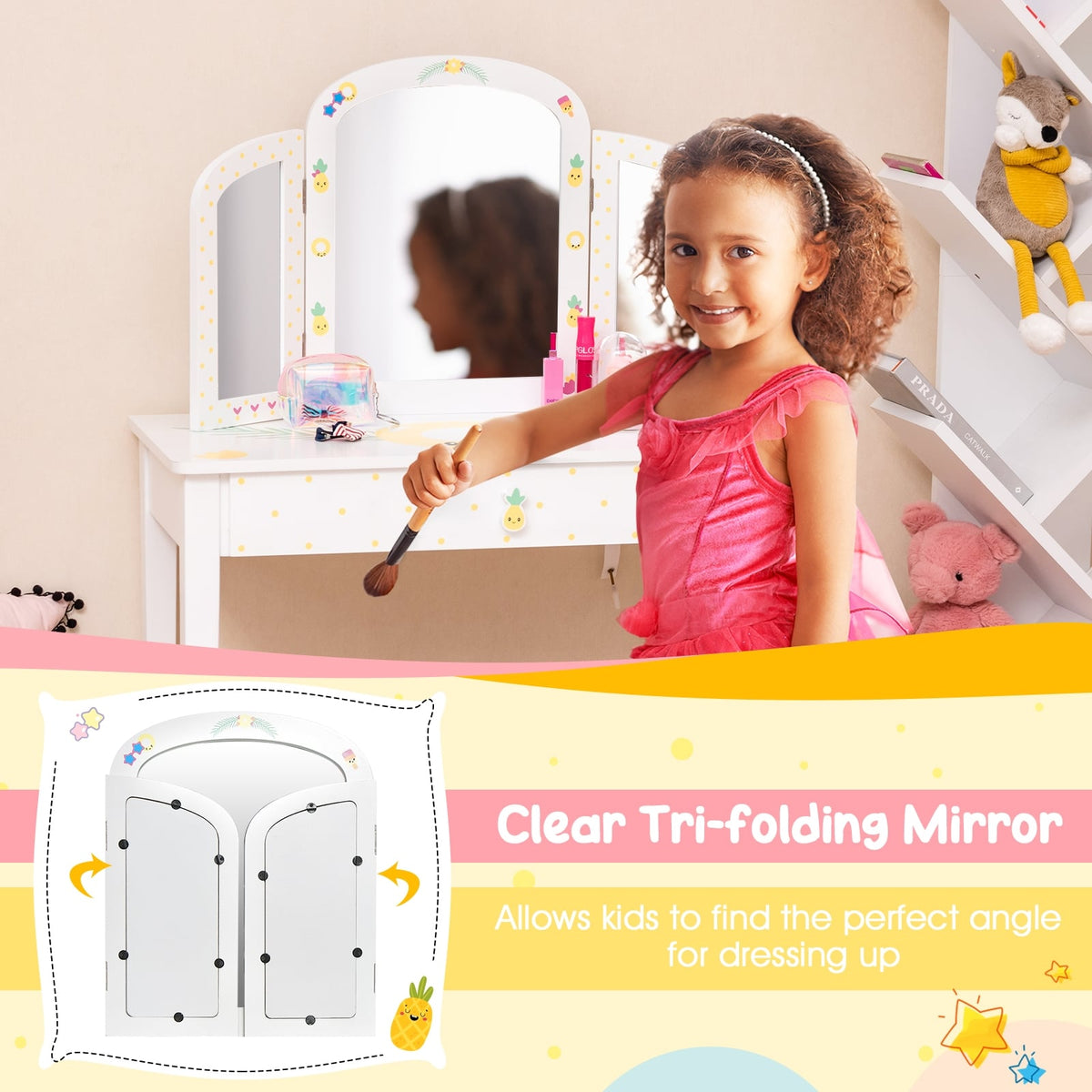 Kids Vanity Table Set with Tri-Folding Mirror and Large Drawer-White-Kids Vanities-DECOROLALA