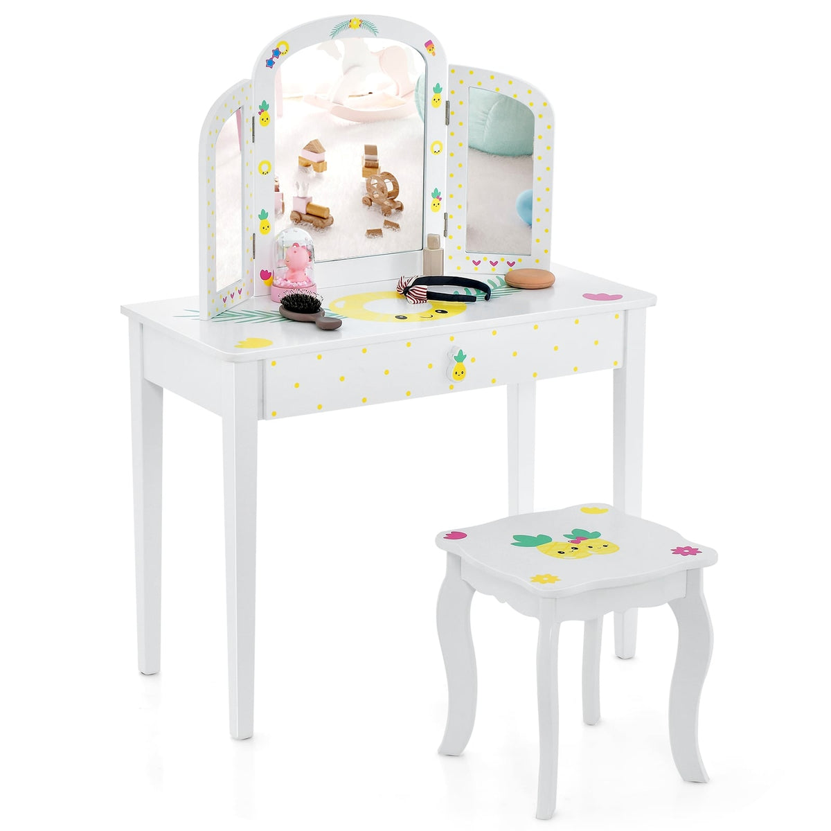 Kids Vanity Table Set with Tri-Folding Mirror and Large Drawer-White-Kids Vanities-DECOROLALA