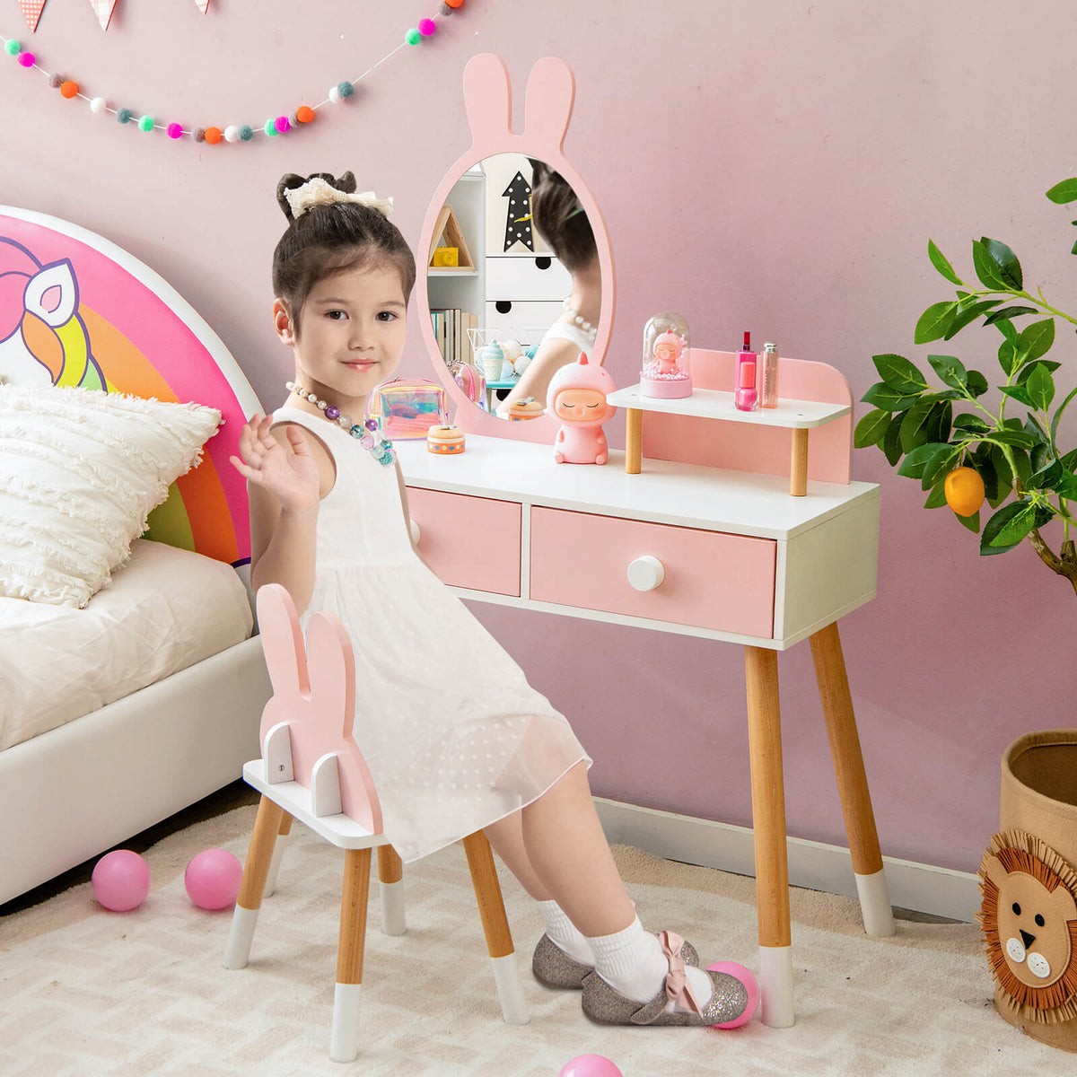Kids Vanity Table and Chair Set with Drawer Shelf and Rabbit Mirror-Pink-Kids Vanities-DECOROLALA