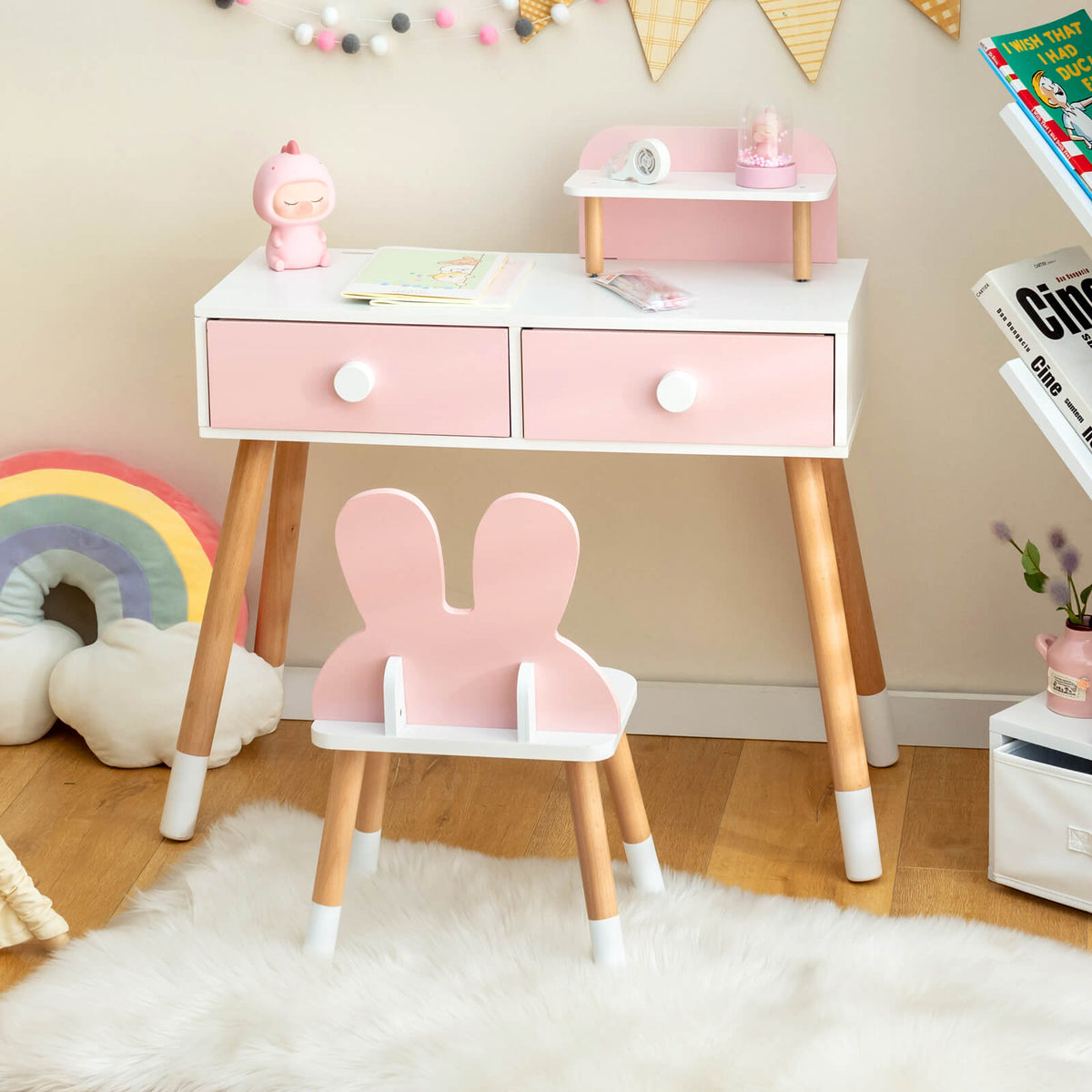 Kids Vanity Table and Chair Set with Drawer Shelf and Rabbit Mirror-Pink-Kids Vanities-DECOROLALA