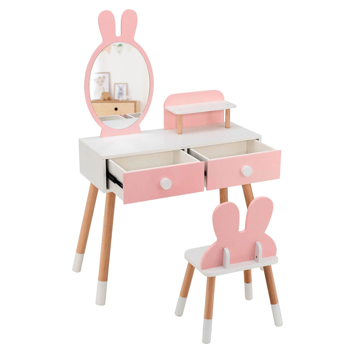Kids Vanity Table and Chair Set with Drawer Shelf and Rabbit Mirror-Pink-Kids Vanities-DECOROLALA