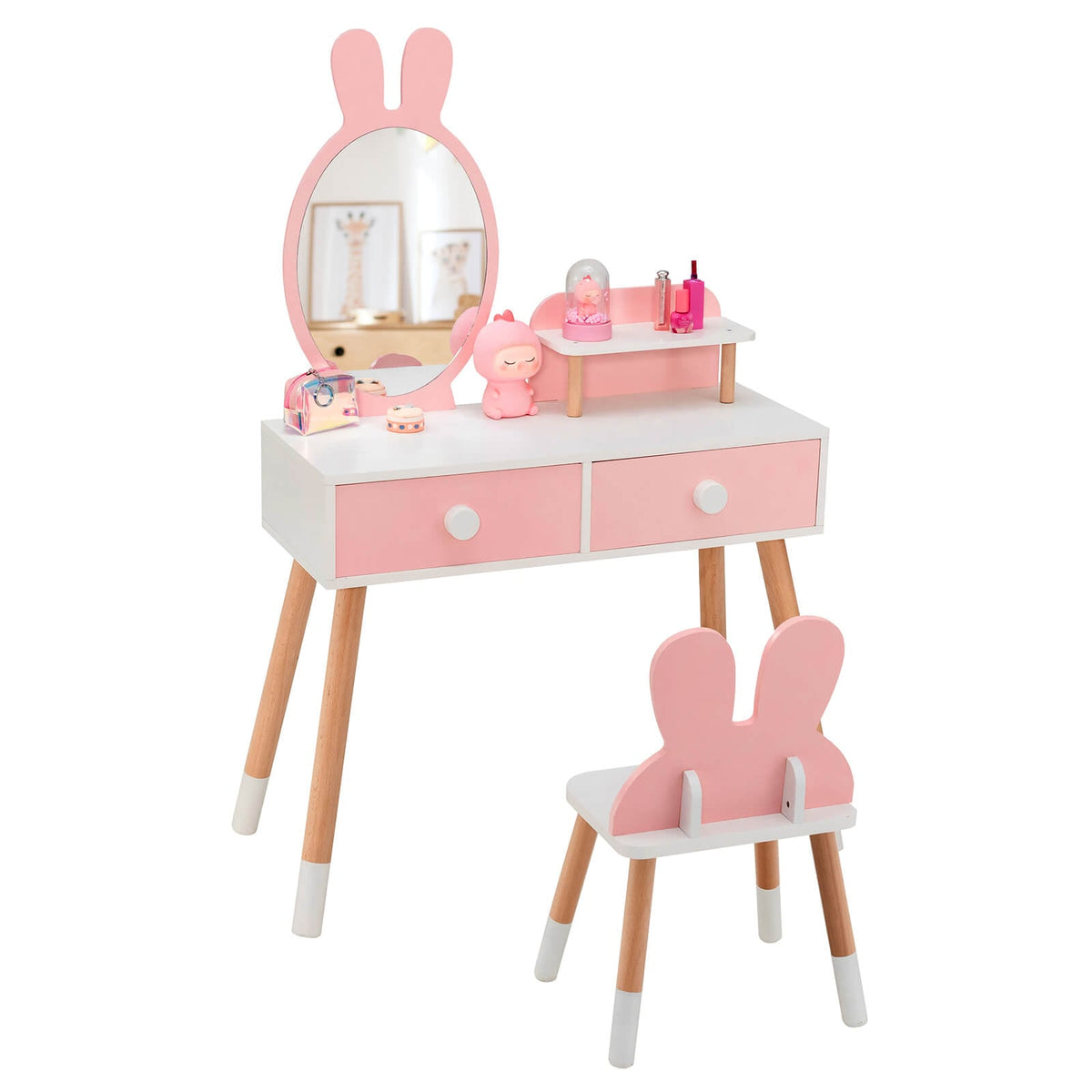 Kids Vanity Table and Chair Set with Drawer Shelf and Rabbit Mirror-Pink-Kids Vanities-DECOROLALA