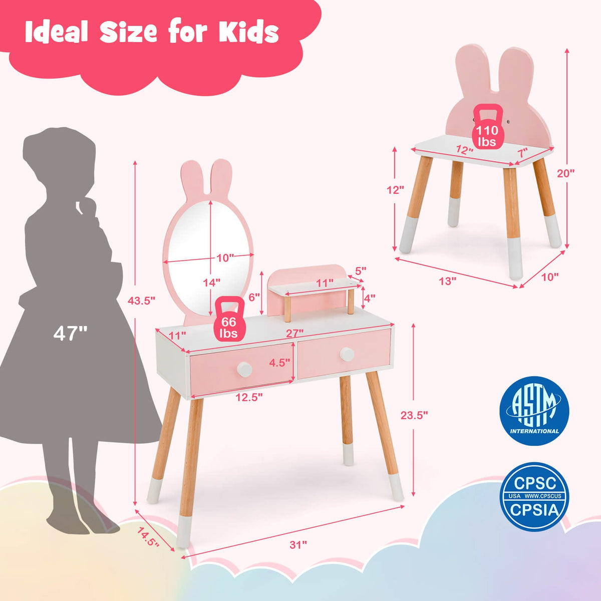 Kids Vanity Table and Chair Set with Drawer Shelf and Rabbit Mirror-Pink-Kids Vanities-DECOROLALA