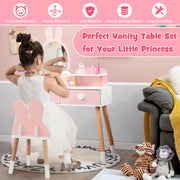 Kids Vanity Table and Chair Set with Drawer Shelf and Rabbit Mirror-Pink-Kids Vanities-DECOROLALA