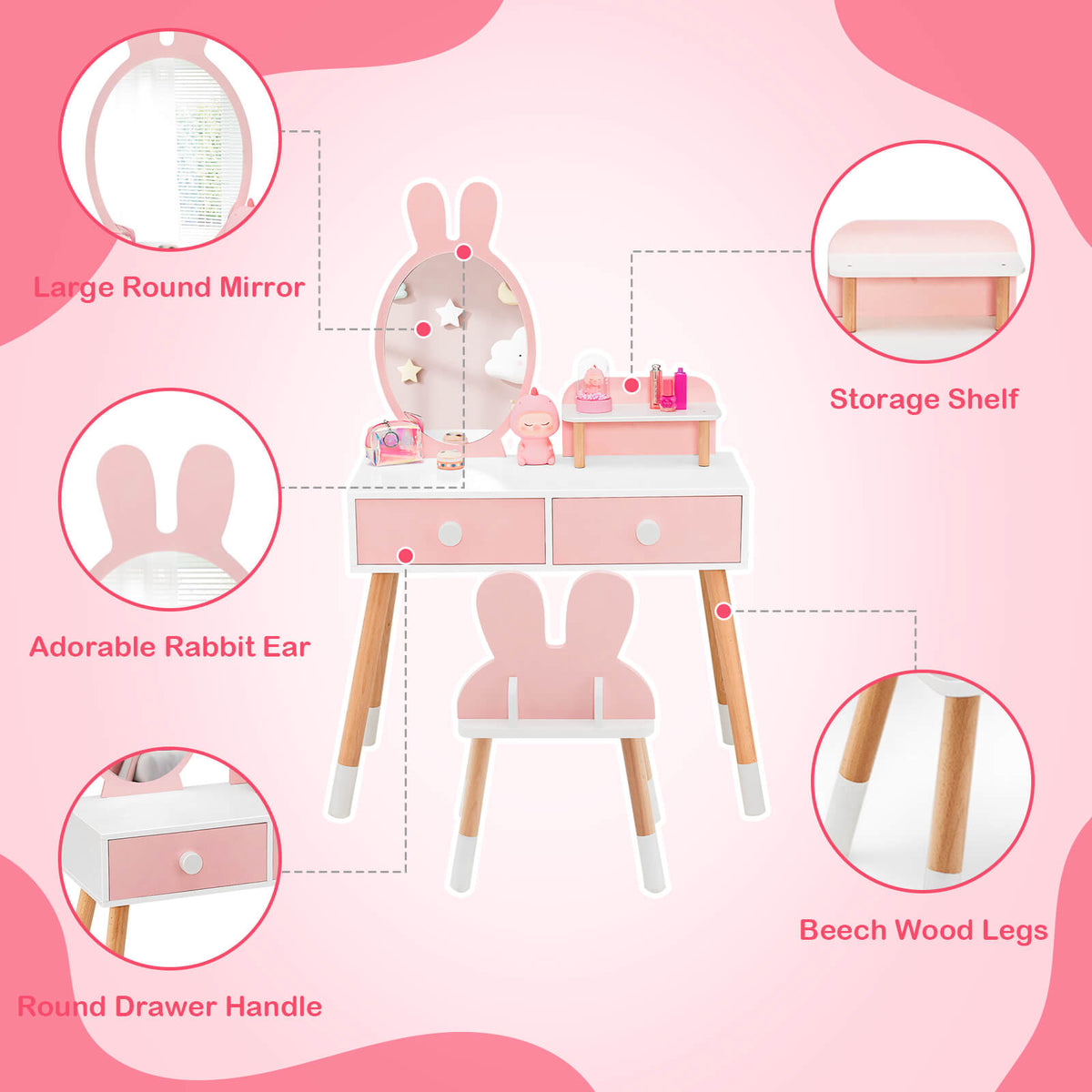 Kids Vanity Table and Chair Set with Drawer Shelf and Rabbit Mirror-Pink-Kids Vanities-DECOROLALA