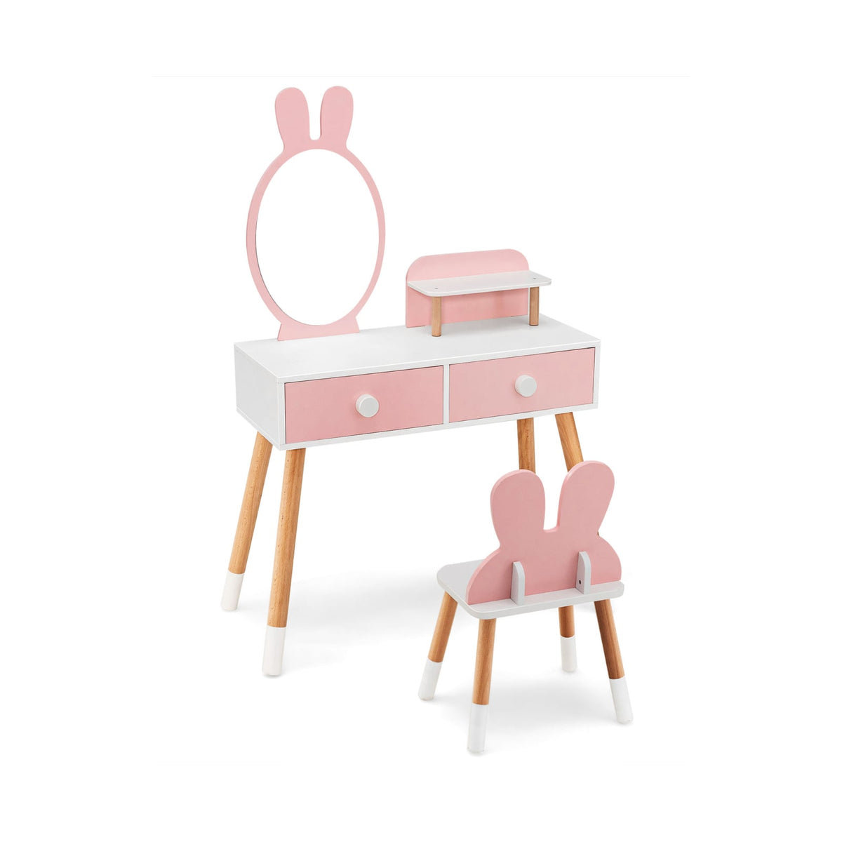 Kids Vanity Table and Chair Set with Drawer Shelf and Rabbit Mirror-Pink-Kids Vanities-DECOROLALA