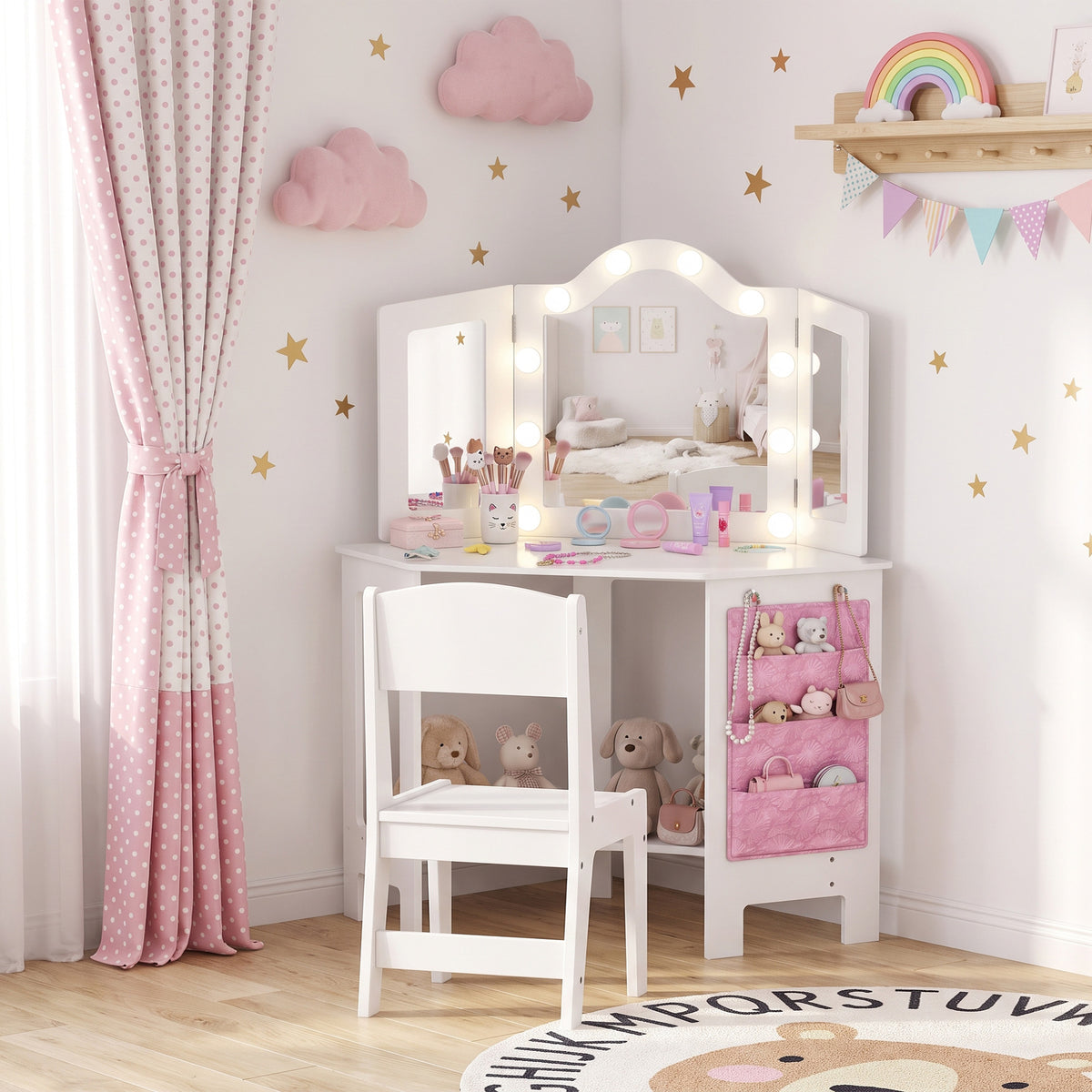 Aosom Kids Vanity Table and Chair Set with LED Lights - White-Toys & Games > Toddler & Kids Furniture > Kids Bedroom Furniture-DECOROLALA