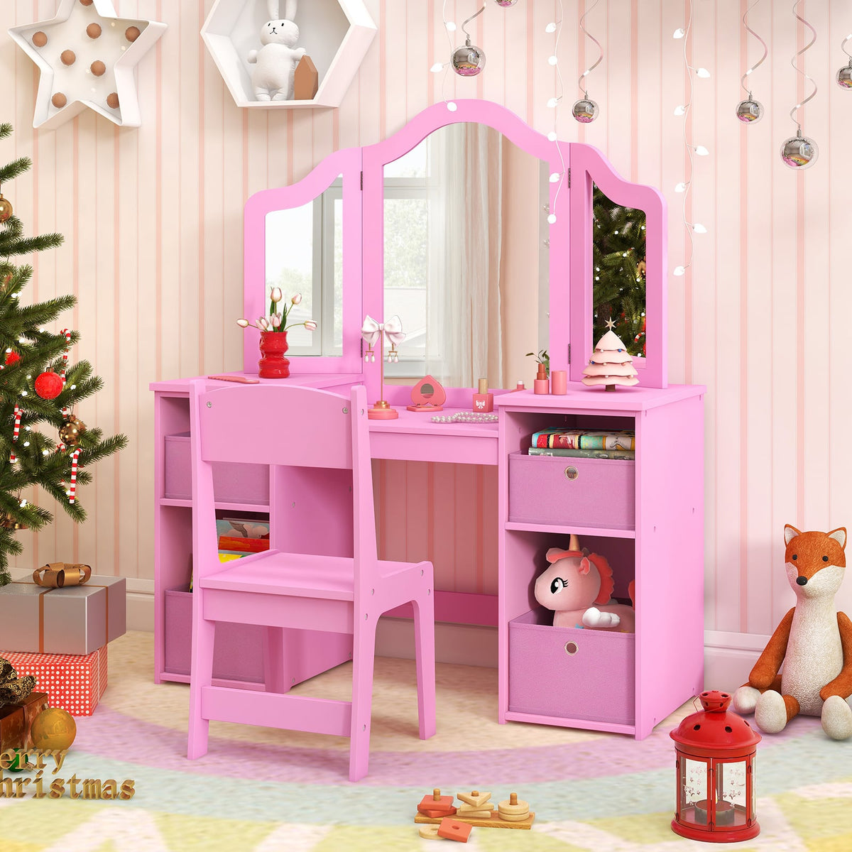Kids Vanity Table and Chair Set with Removable Mirrors and 4 Storage Bins-Pink-Kids Vanities-DECOROLALA