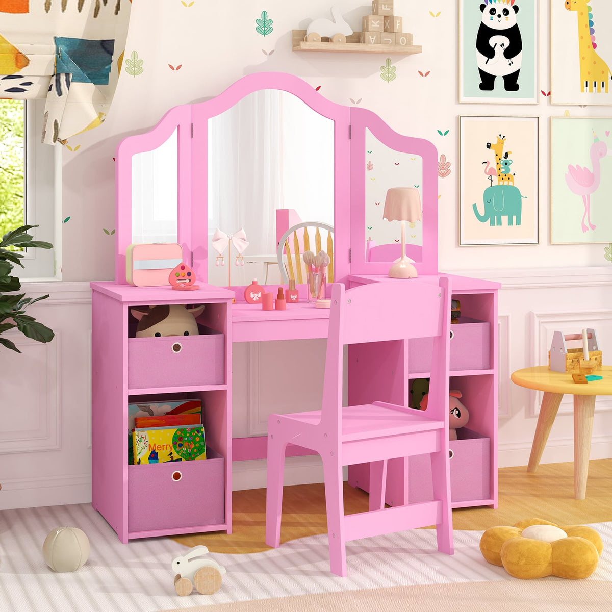 Kids Vanity Table and Chair Set with Removable Mirrors and 4 Storage Bins-Pink-Kids Vanities-DECOROLALA