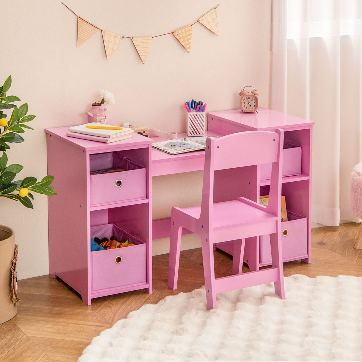 Kids Vanity Table and Chair Set with Removable Mirrors and 4 Storage Bins-Pink-Kids Vanities-DECOROLALA