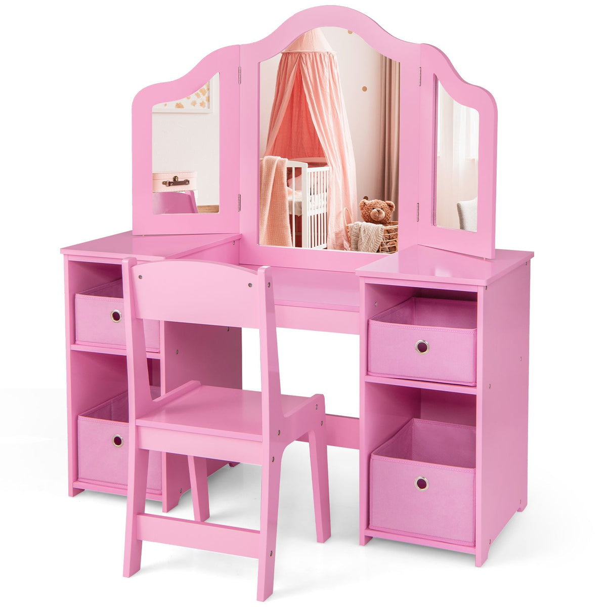 Kids Vanity Table and Chair Set with Removable Mirrors and 4 Storage Bins-Pink-Kids Vanities-DECOROLALA