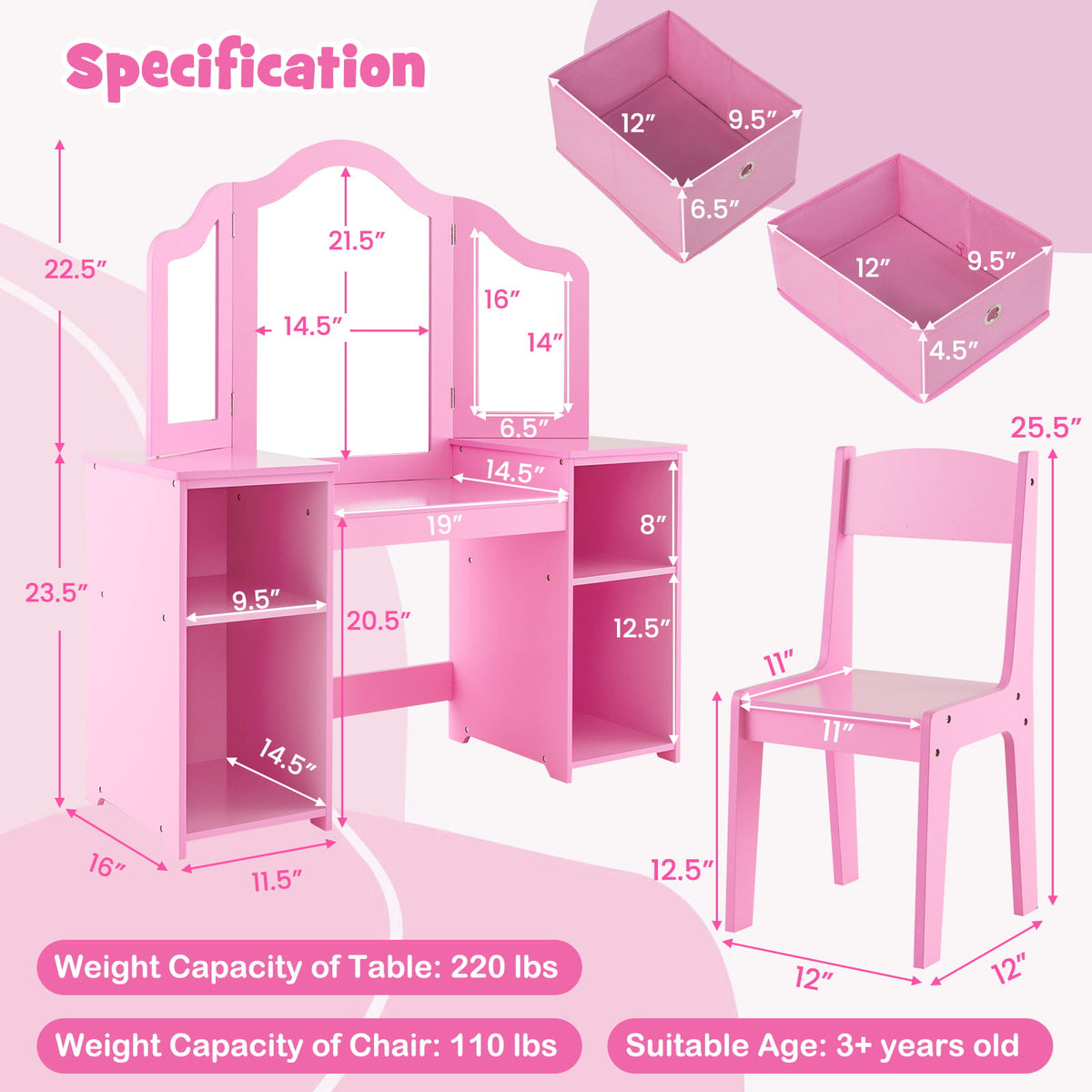Kids Vanity Table and Chair Set with Removable Mirrors and 4 Storage Bins-Pink-Kids Vanities-DECOROLALA