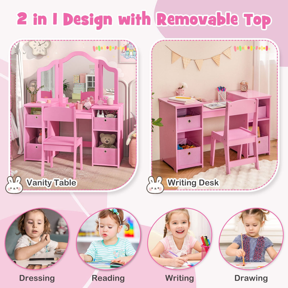 Kids Vanity Table and Chair Set with Removable Mirrors and 4 Storage Bins-Pink-Kids Vanities-DECOROLALA