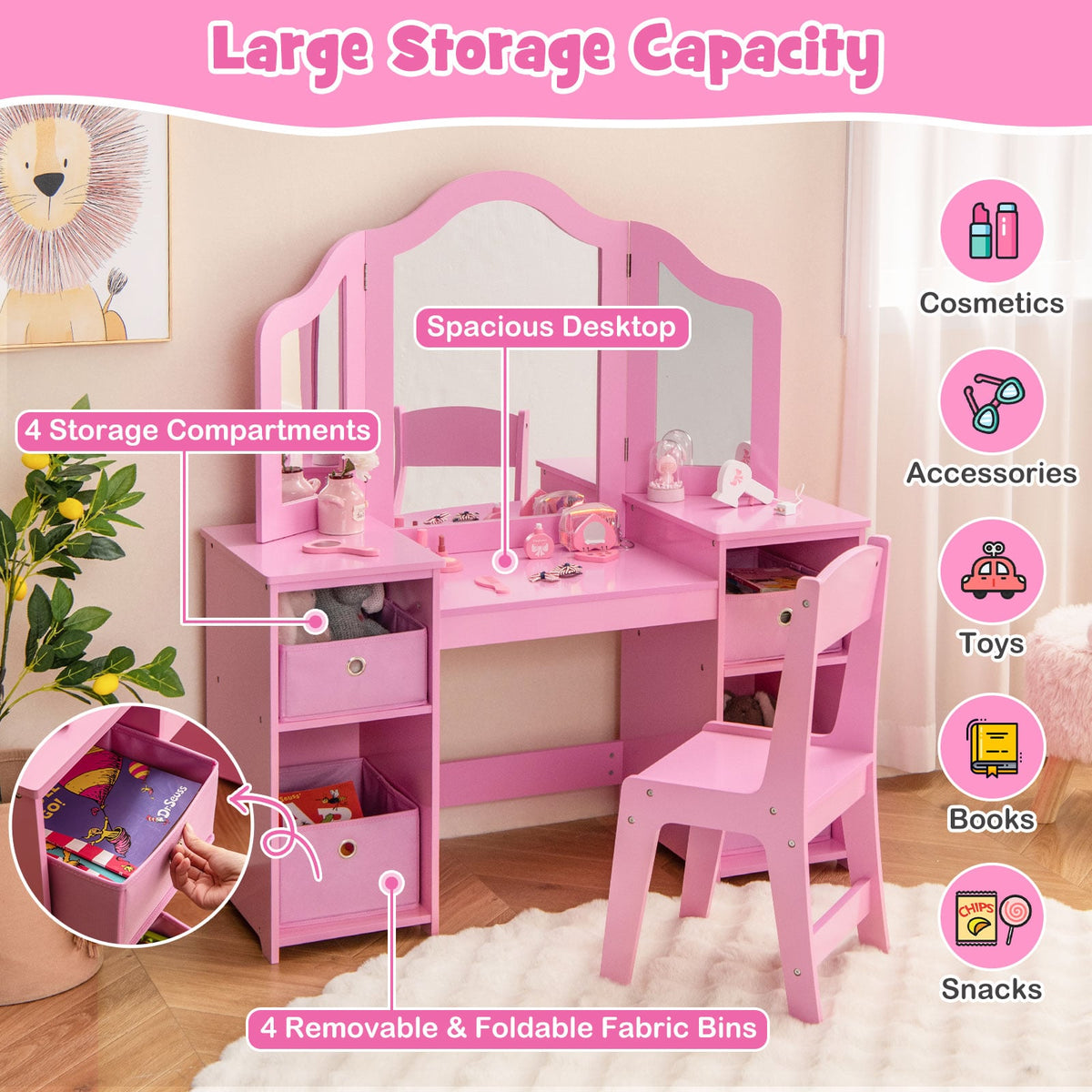 Kids Vanity Table and Chair Set with Removable Mirrors and 4 Storage Bins-Pink-Kids Vanities-DECOROLALA