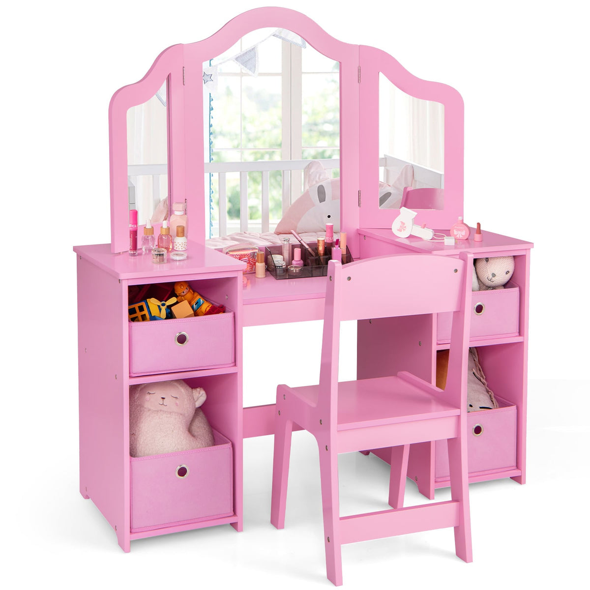 Kids Vanity Table and Chair Set with Removable Mirrors and 4 Storage Bins-Pink-Kids Vanities-DECOROLALA