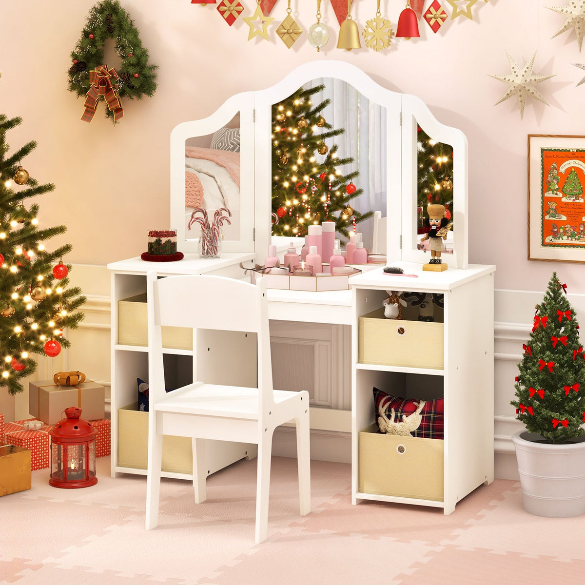 Kids Vanity Table and Chair Set with Removable Mirrors and 4 Storage Bins-White-Kids Vanities-DECOROLALA