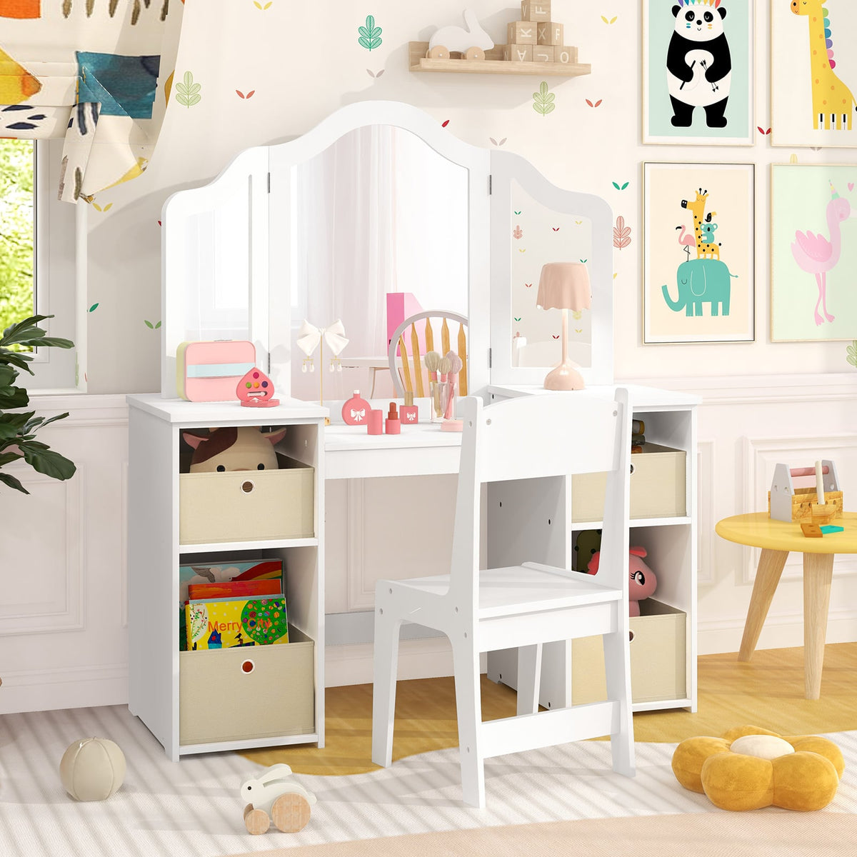Kids Vanity Table and Chair Set with Removable Mirrors and 4 Storage Bins-White-Kids Vanities-DECOROLALA