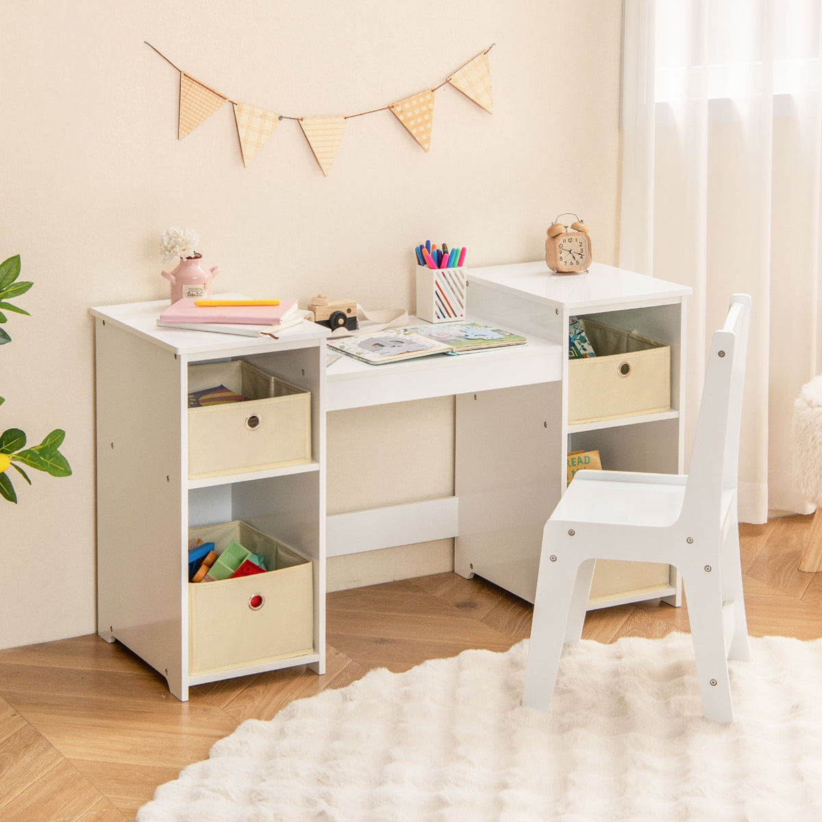 Kids Vanity Table and Chair Set with Removable Mirrors and 4 Storage Bins-White-Kids Vanities-DECOROLALA