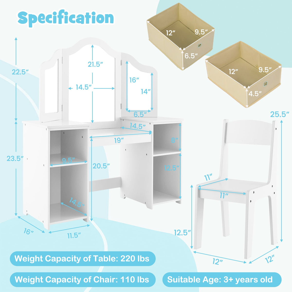 Kids Vanity Table and Chair Set with Removable Mirrors and 4 Storage Bins-White-Kids Vanities-DECOROLALA