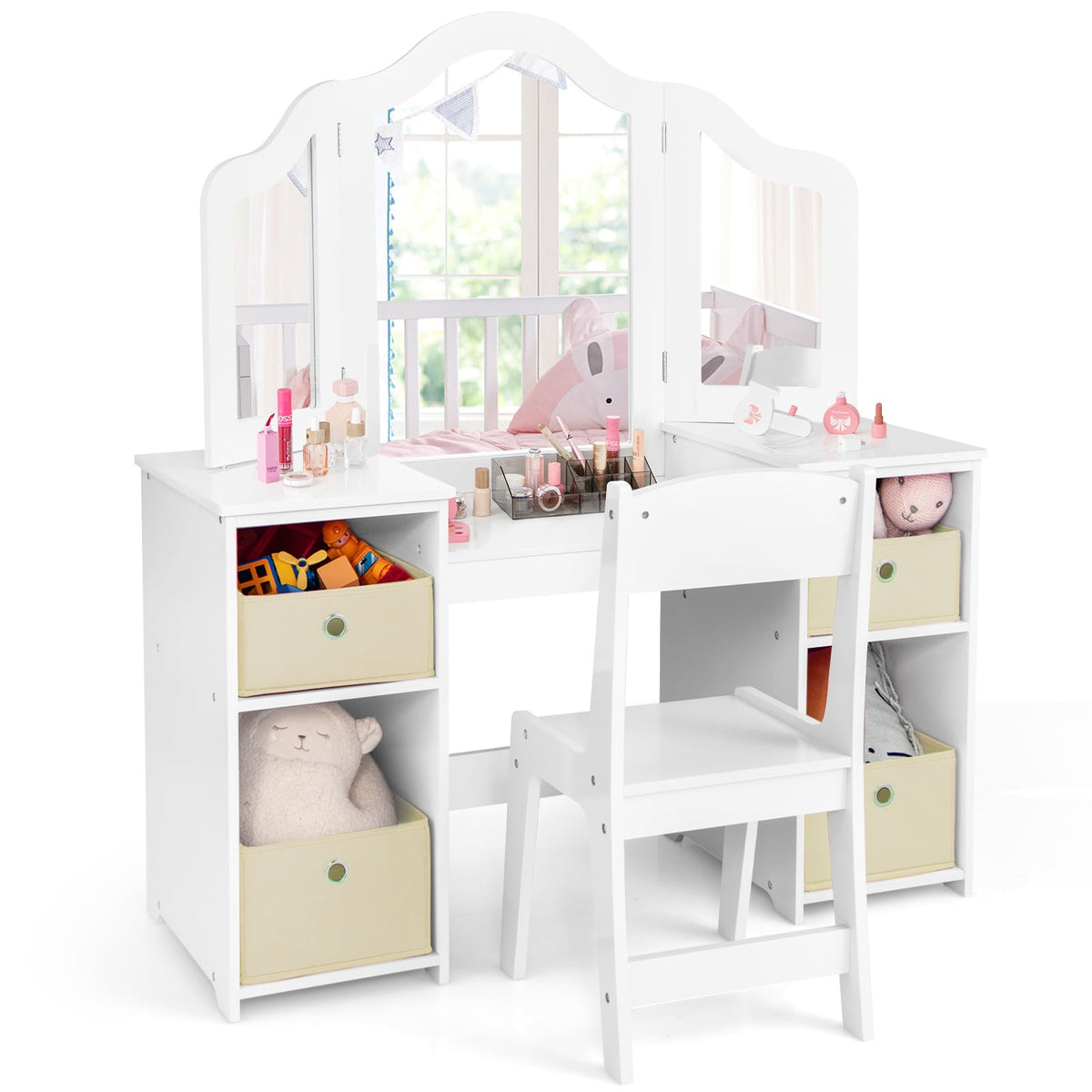Kids Vanity Table and Chair Set with Removable Mirrors and 4 Storage Bins-White-Kids Vanities-DECOROLALA