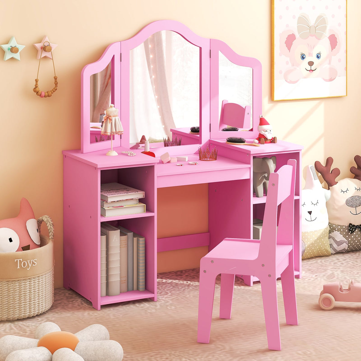 Kids Vanity Table and Chair Set with Removable Tri-Folding Mirror-Pink-Kids Vanities-DECOROLALA