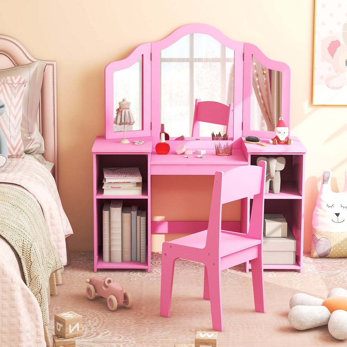 Kids Vanity Table and Chair Set with Removable Tri-Folding Mirror-Pink-Kids Vanities-DECOROLALA