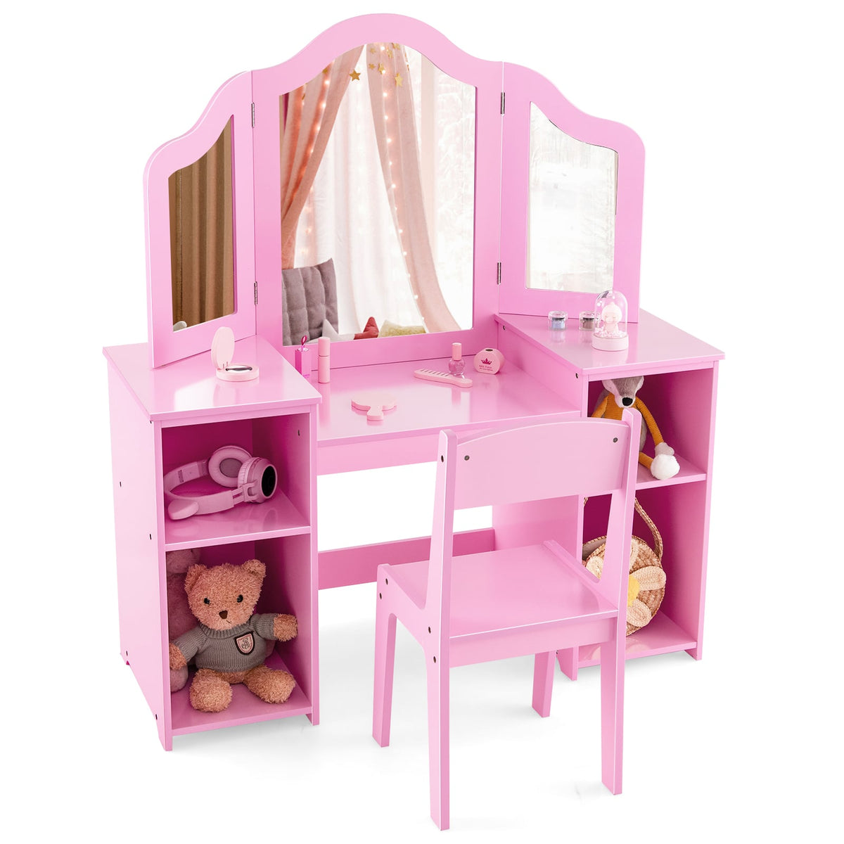 Kids Vanity Table and Chair Set with Removable Tri-Folding Mirror-Pink-Kids Vanities-DECOROLALA