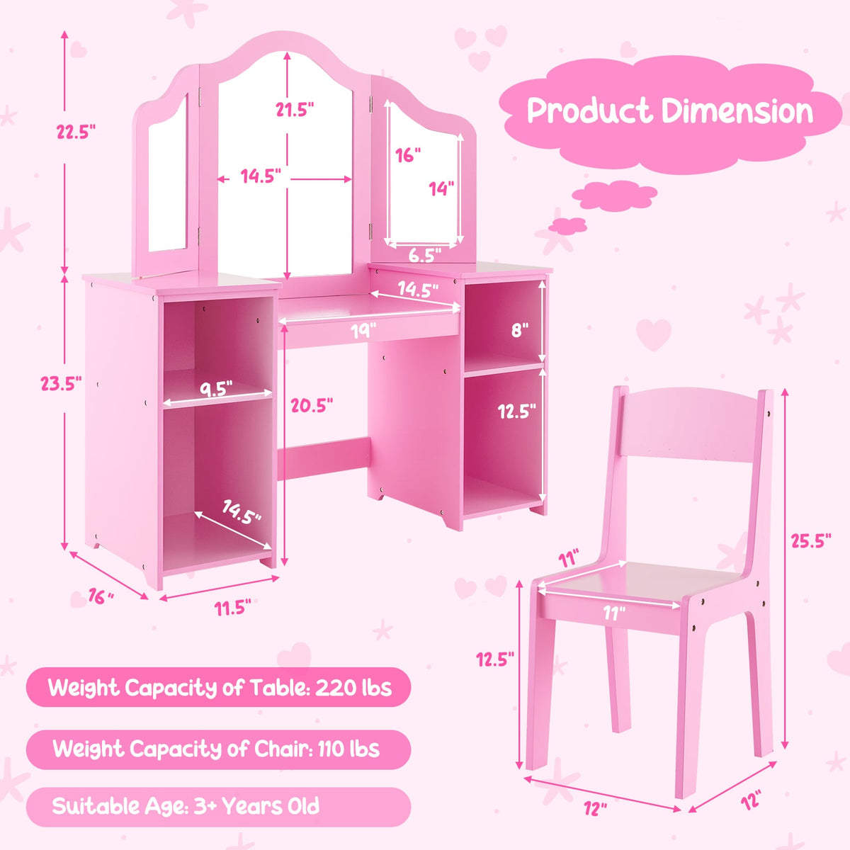 Kids Vanity Table and Chair Set with Removable Tri-Folding Mirror-Pink-Kids Vanities-DECOROLALA