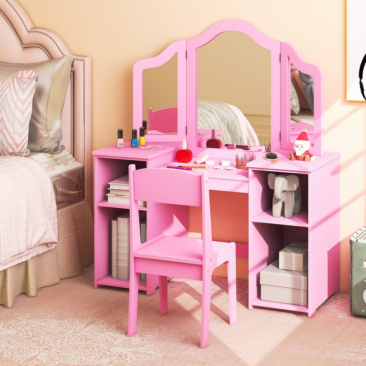 Kids Vanity Table and Chair Set with Removable Tri-Folding Mirror-Pink-Kids Vanities-DECOROLALA