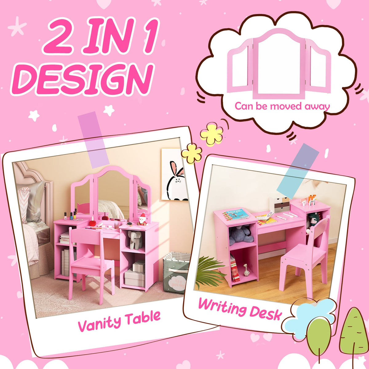 Kids Vanity Table and Chair Set with Removable Tri-Folding Mirror-Pink-Kids Vanities-DECOROLALA