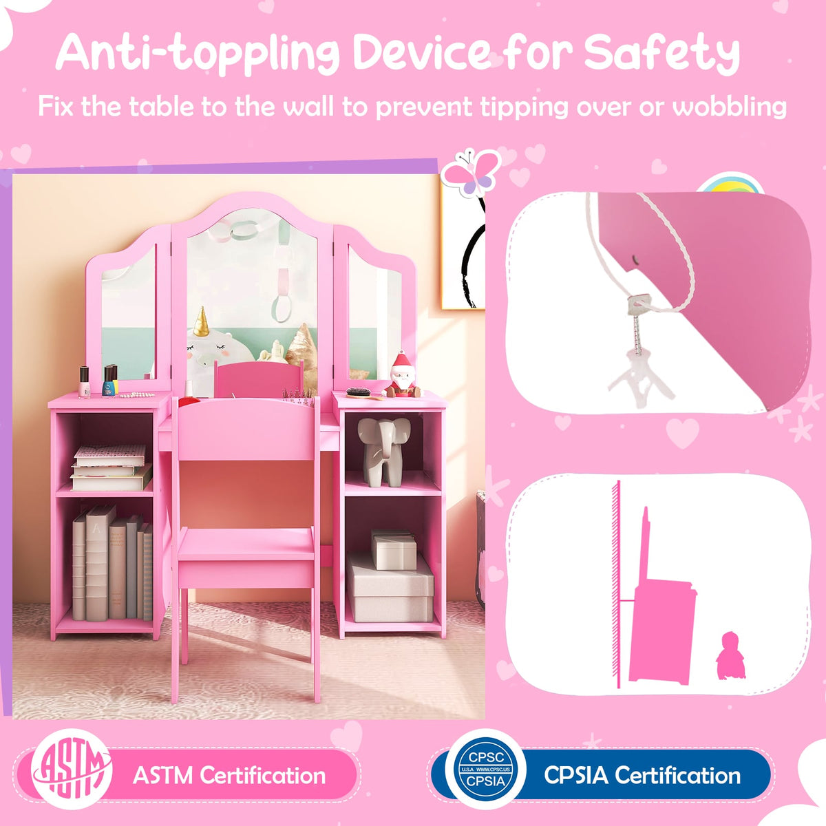 Kids Vanity Table and Chair Set with Removable Tri-Folding Mirror-Pink-Kids Vanities-DECOROLALA