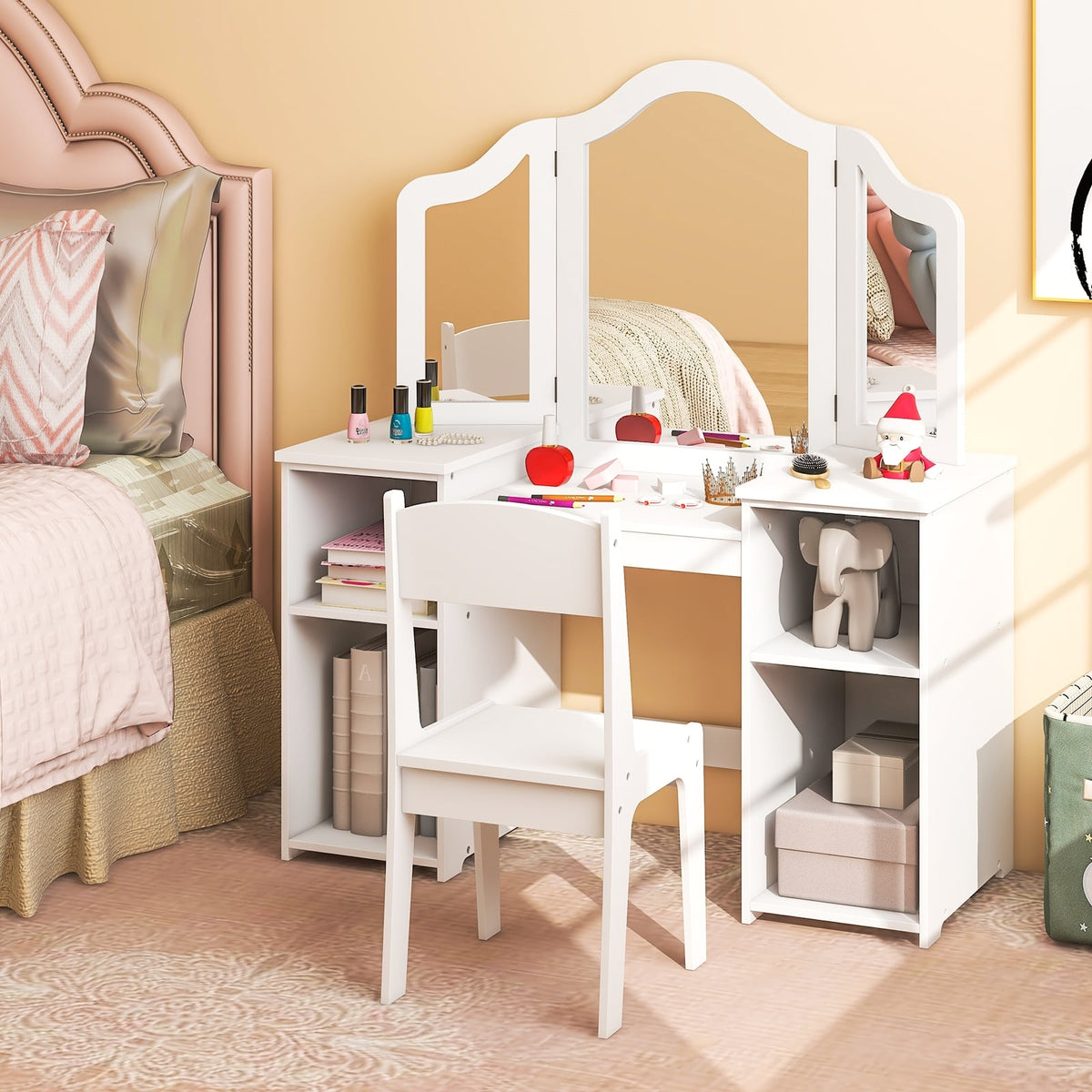 Kids Vanity Table and Chair Set with Removable Tri-Folding Mirror-White-Kids Vanities-DECOROLALA
