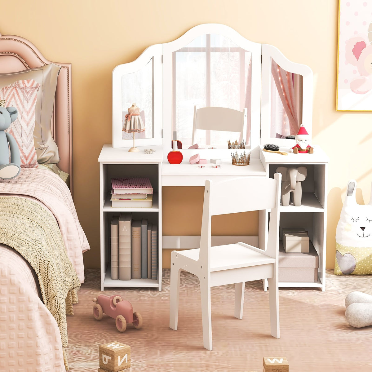 Kids Vanity Table and Chair Set with Removable Tri-Folding Mirror-White-Kids Vanities-DECOROLALA