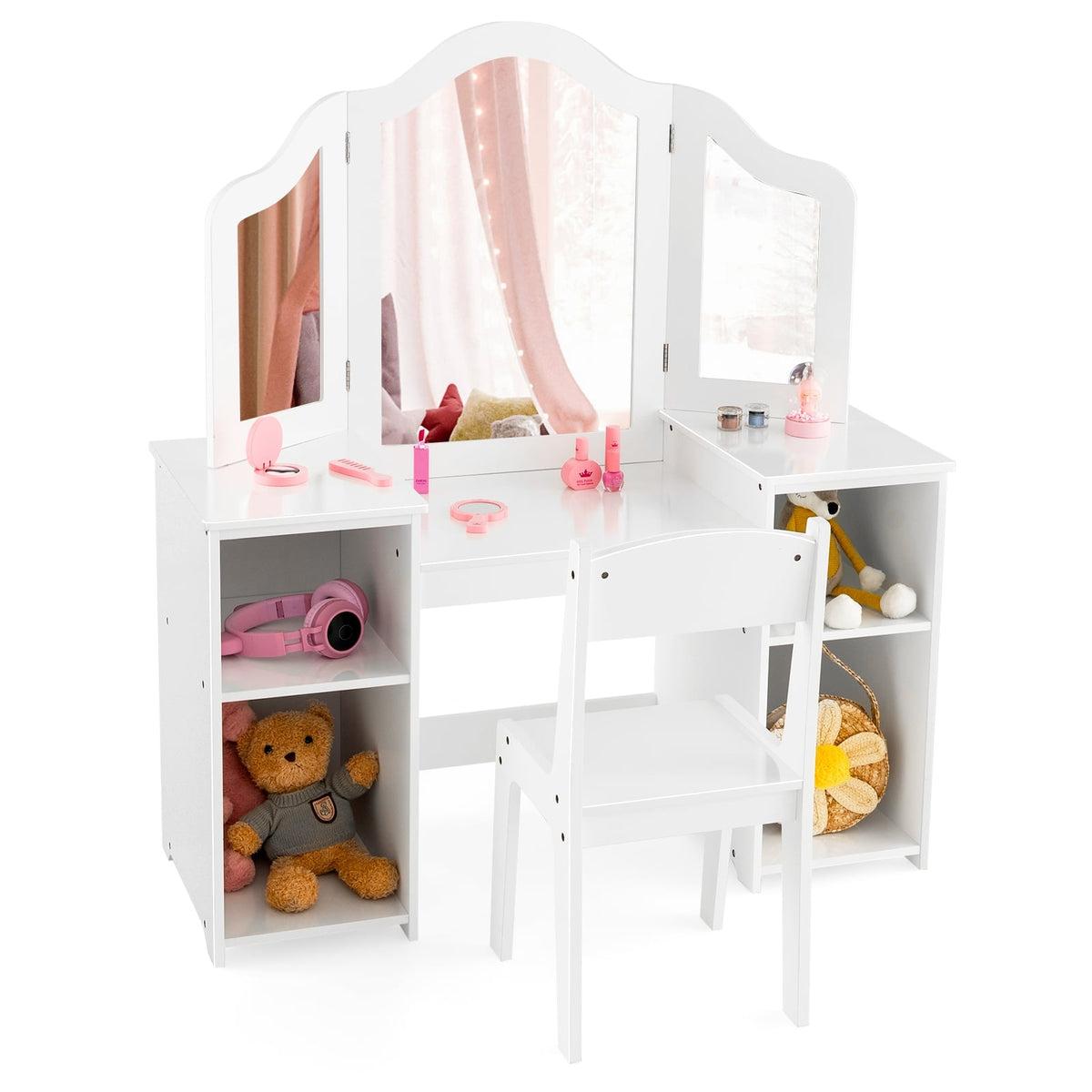 Kids Vanity Table and Chair Set with Removable Tri-Folding Mirror-White-Kids Vanities-DECOROLALA