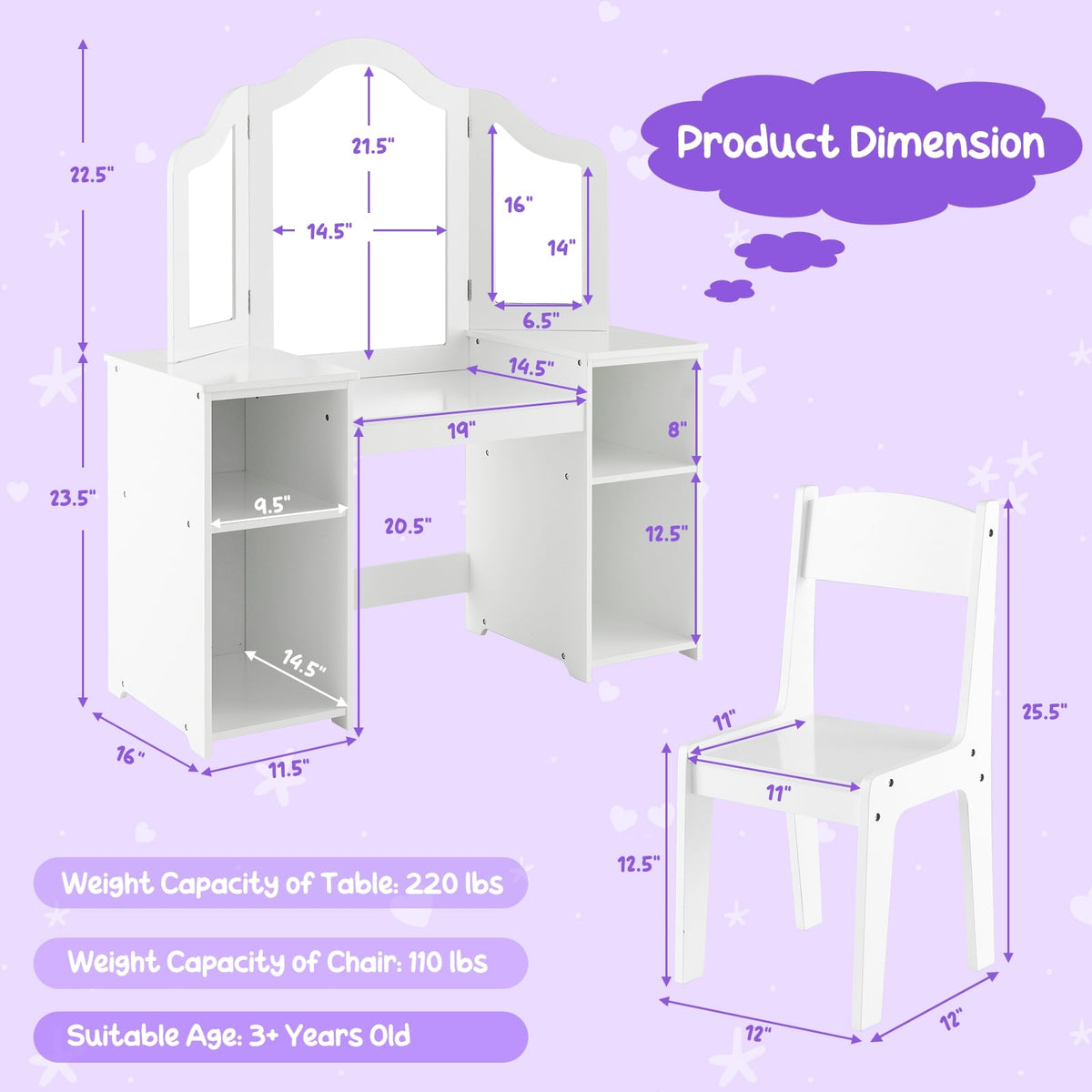 Kids Vanity Table and Chair Set with Removable Tri-Folding Mirror-White-Kids Vanities-DECOROLALA