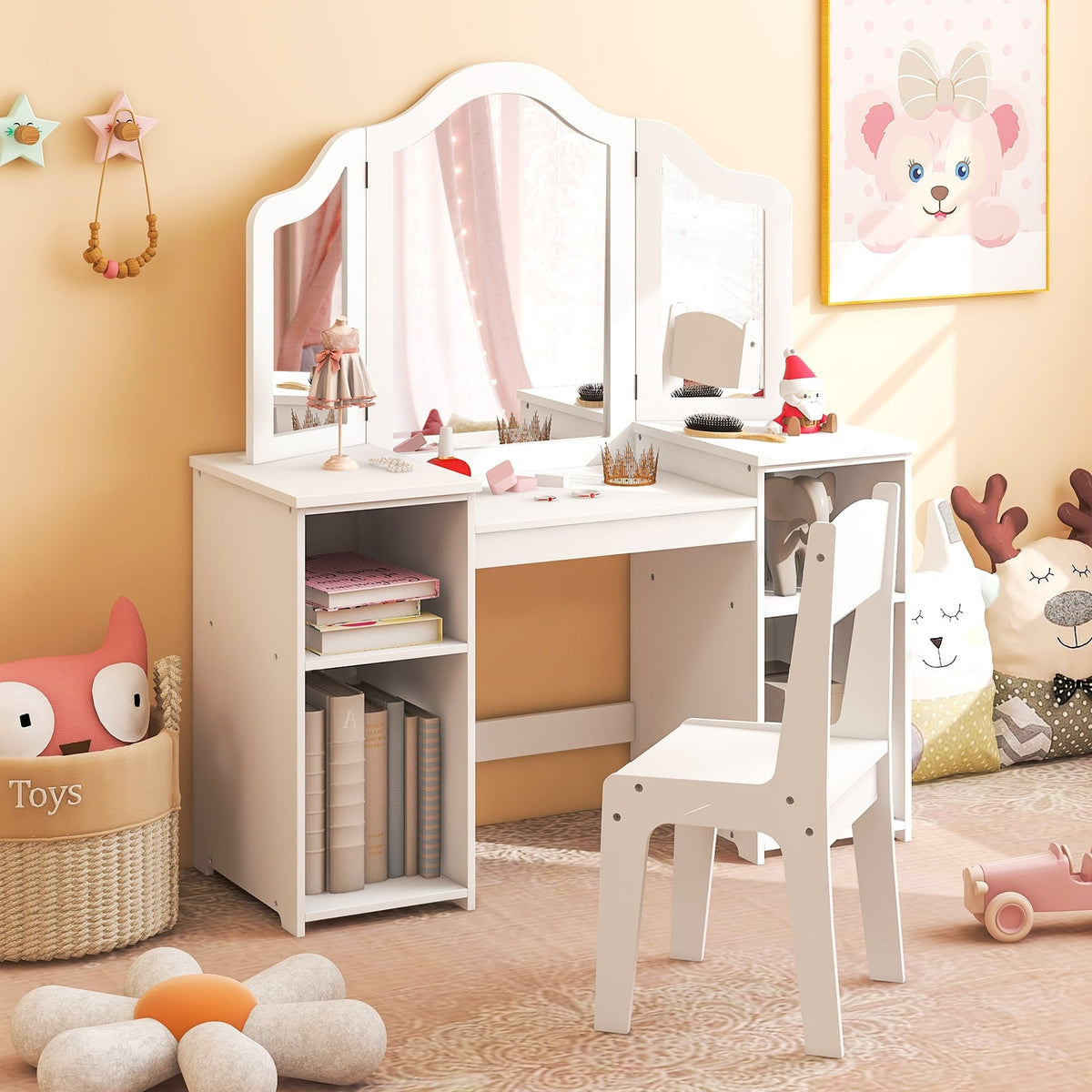 Kids Vanity Table and Chair Set with Removable Tri-Folding Mirror-White-Kids Vanities-DECOROLALA
