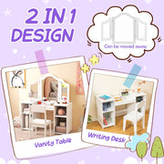 Kids Vanity Table and Chair Set with Removable Tri-Folding Mirror-White-Kids Vanities-DECOROLALA