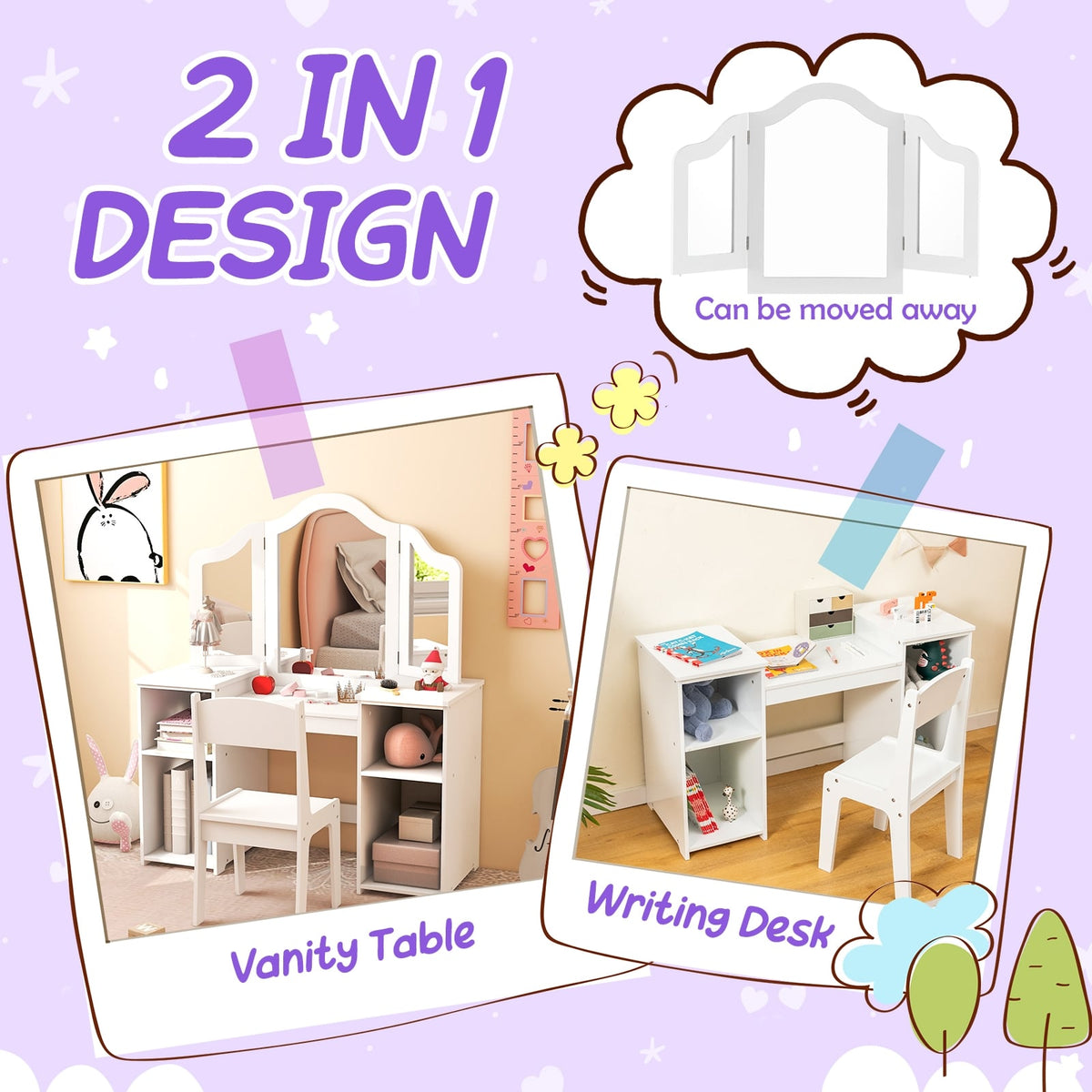 Kids Vanity Table and Chair Set with Removable Tri-Folding Mirror-White-Kids Vanities-DECOROLALA
