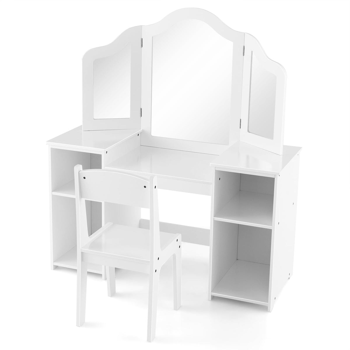Kids Vanity Table and Chair Set with Removable Tri-Folding Mirror-White-Kids Vanities-DECOROLALA