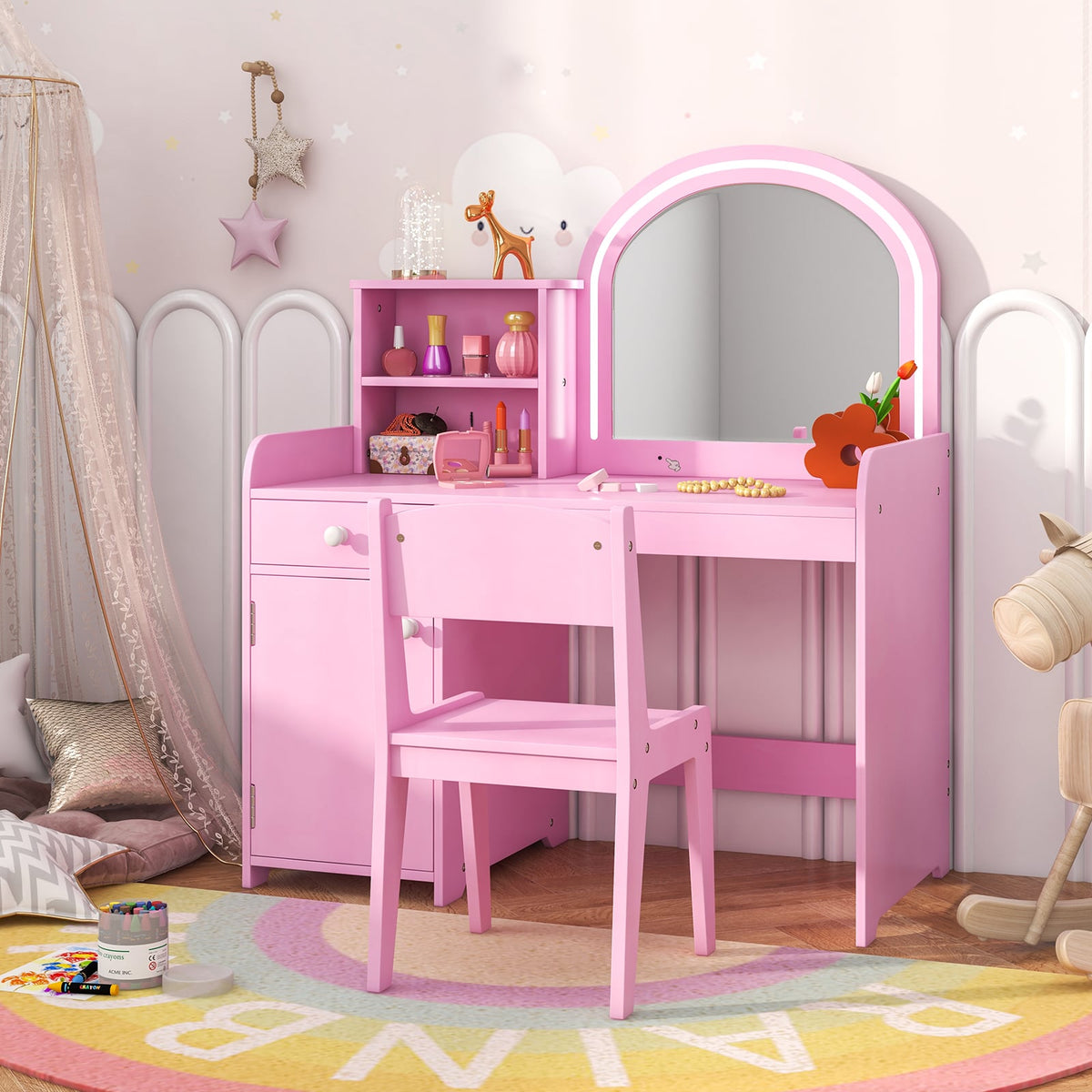 Kids Vanity Table and Chair Set with Shelves Drawer and Cabinet-Pink-Kids Vanities-DECOROLALA