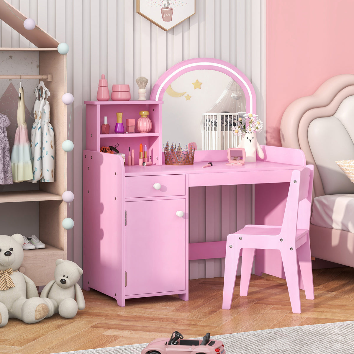 Kids Vanity Table and Chair Set with Shelves Drawer and Cabinet-Pink-Kids Vanities-DECOROLALA