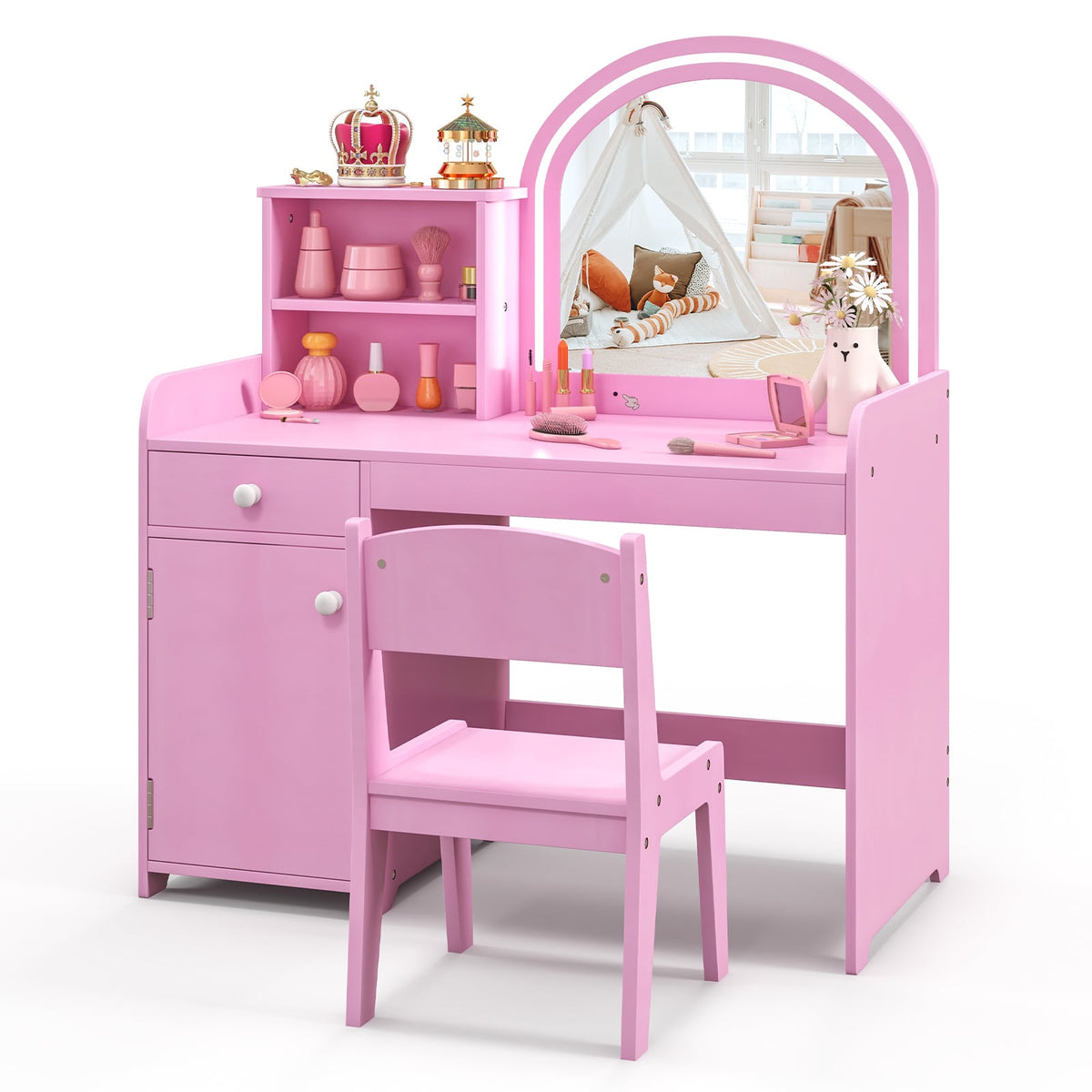 Kids Vanity Table and Chair Set with Shelves Drawer and Cabinet-Pink-Kids Vanities-DECOROLALA