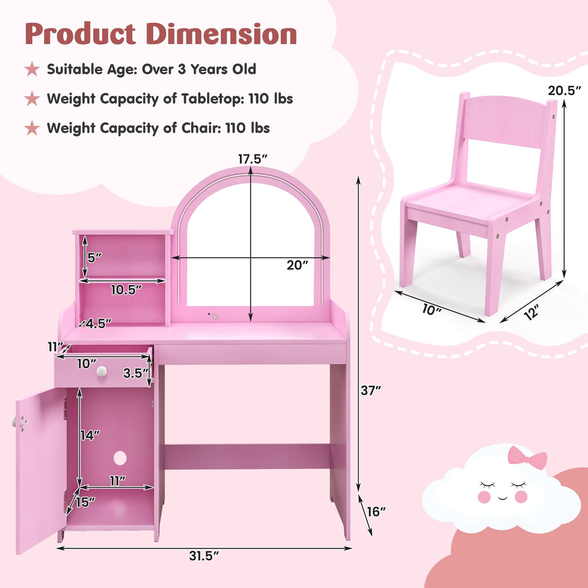 Kids Vanity Table and Chair Set with Shelves Drawer and Cabinet-Pink-Kids Vanities-DECOROLALA