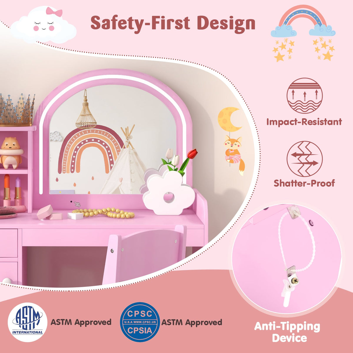 Kids Vanity Table and Chair Set with Shelves Drawer and Cabinet-Pink-Kids Vanities-DECOROLALA