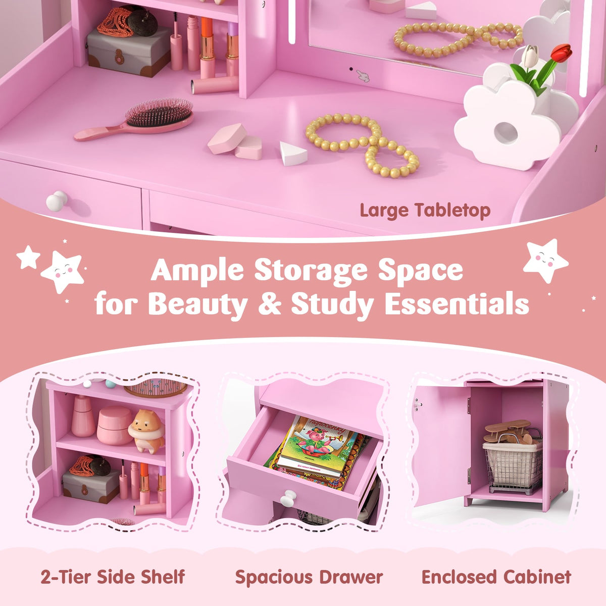 Kids Vanity Table and Chair Set with Shelves Drawer and Cabinet-Pink-Kids Vanities-DECOROLALA