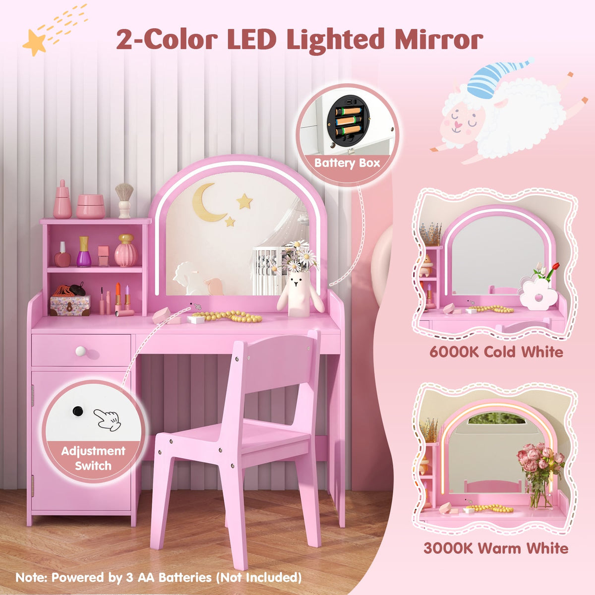 Kids Vanity Table and Chair Set with Shelves Drawer and Cabinet-Pink-Kids Vanities-DECOROLALA